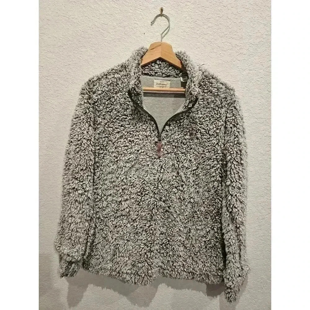 Fleece pullover quarter zip sweater MEDIUM faux fur grey pockets winter jacket